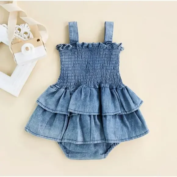 Hazel & Bo EMILY Layered Ruffles Denim Romper - Size 0-3 Months - Picture 2 of 5